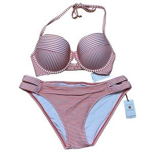 Shade & Shore Red White Striped Bikini Size Large / 34D